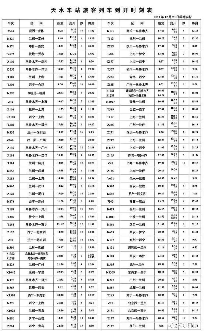 天水火车时刻表最新详解